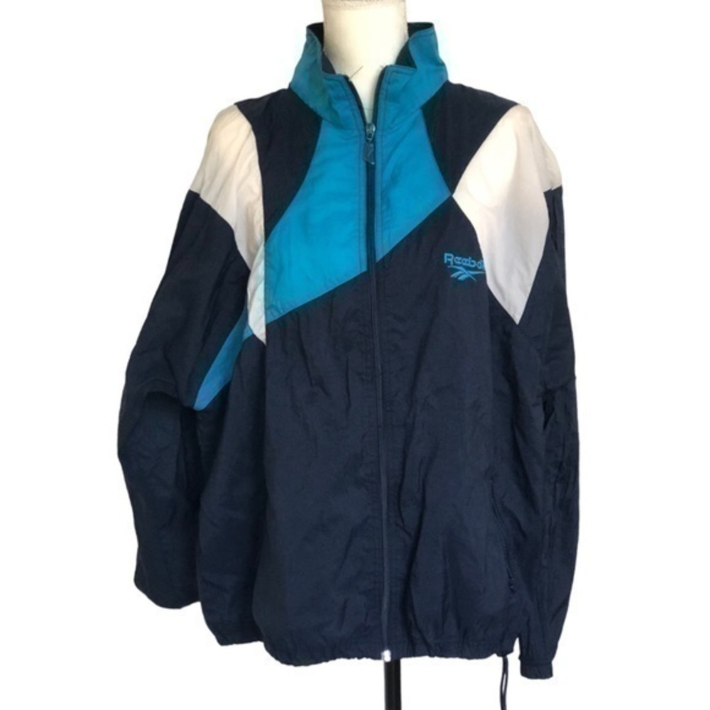 Vintage Men’s Reebok Blue And White Hoodie Windbreaker Size L